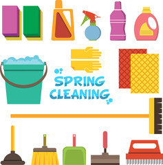 Spring Cleaning flat design illustration. Cleaning icons vector set. Icons of clean service and cleaning tools. Design elements in vector.