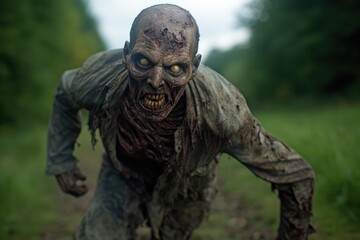 Fototapeta premium Scary Dead Zombie Running Toward the Camera Outdoors generative AI