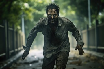 Scary Dead Zombie Running Toward the Camera Outdoors generative AI