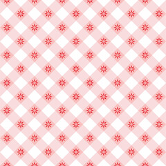 Seamless gingham pattern with red flowers in star shape with pink undertones, for dress, scarf, skirt, picnic tablecloth, other fabric design