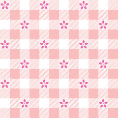 Seamless gingham pattern with bright colored irises with pink undertones, for dress, scarf, skirt, picnic tablecloth, other fabric design