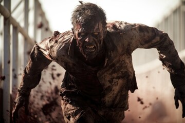 Obraz premium Scary Dead Zombie Running Toward the Camera Outdoors generative AI