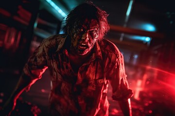 Obraz premium Scary Dead Zombie Running Toward the Camera Outdoors generative AI