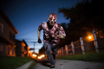 Naklejka premium Scary Dead Zombie Running Toward the Camera Outdoors generative AI