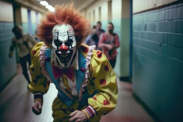 Fototapeta na wymiar Clown Zombie Running in Hospital Corridor generative AI