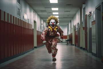 Clown Zombie Running in Hospital Corridor generative AI