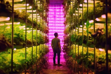 Fototapeta premium An expressive, contemporary take on hydroponic farming. A farmer amidst rows of vibrant greenery under artificial lights. Generative AI