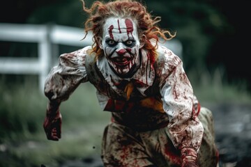 Clown Zombie Charging at the Lens in Dim Lighting generative AI