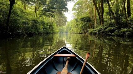 Sailing in a boat through the flooded forest in Amazon