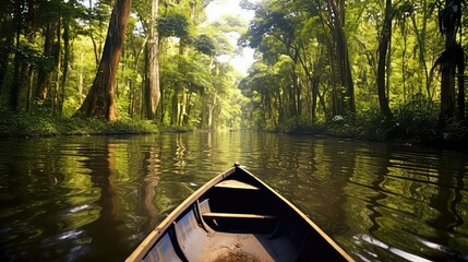 Sailing in a boat through the flooded forest in Amazon