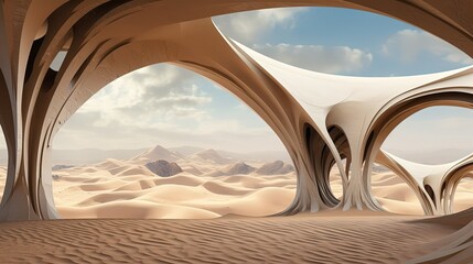 Obraz na płótnie Canvas Landscape of fictional sculptures and buildings in desert.
