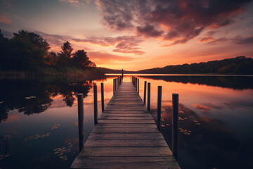 Fototapeta premium Tranquil morning landscape with peaceful reflection, vibrant sky, and diverse trees.