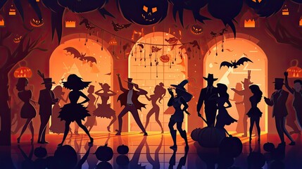 People dancing on the party for Halloween  - obrazy, fototapety, plakaty