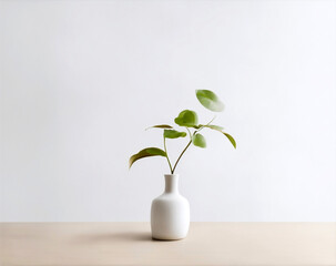 Minimal Plant on wooden table, Modern organic shaped vase.  Beige wall background. Elegant minimal interior, home decor.