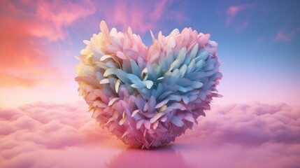 Big heart made with colored feathers of rainbow colors. Generative Ai.