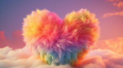 Big heart made with colored feathers of rainbow colors. Generative Ai.