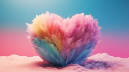 Big heart made with colored feathers of rainbow colors. Generative Ai.