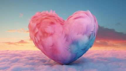 Big heart made with colored feathers of rainbow colors. Generative Ai.