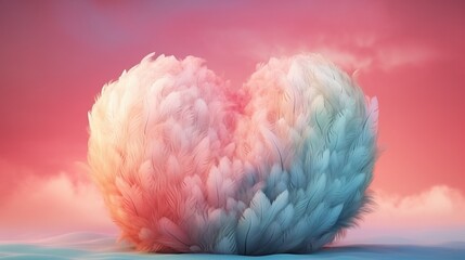 Big heart made with colored feathers of rainbow colors. Generative Ai.