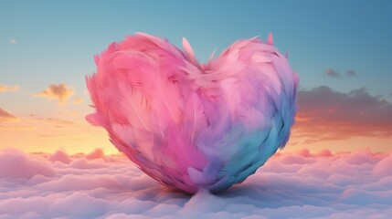 Big heart made with colored feathers of rainbow colors. Generative Ai.
