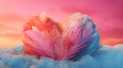 Big heart made with colored feathers of rainbow colors. Generative Ai.