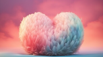 Big heart made with colored feathers of rainbow colors. Generative Ai.