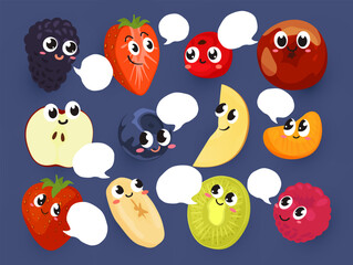 Fototapeta premium Fruit and berries smileys with speech bubbles funny emoji characters set isometric vector