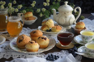 tea party setting with scones and muffins on a lace tablecloth, created with generative ai