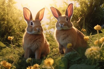 Two rabbits seats on green grass. Easter bunny. Generative ai image.