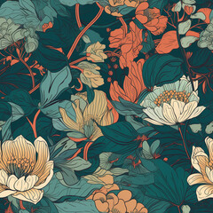 Seamless Pattern of Flowers in wicked colors. Generative AI.