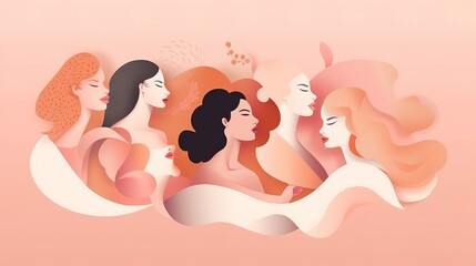 Women's day celebration banner, 8 march, multiple women faces graphic illustration, horizontal copy space on pastel pink background. AI Generative