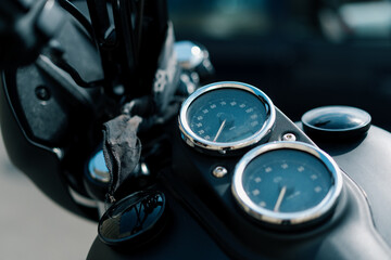 Street sports motorcycle speedometer close-up Lust for speed concept of motorsport or active...