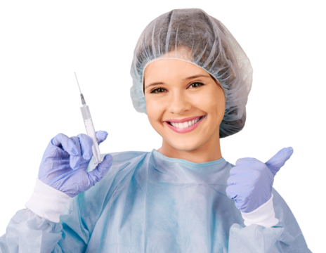 Young cute woman doctor with injection needle isolated on white background