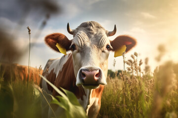 Cow looking at the camera in field. Generative ai image.