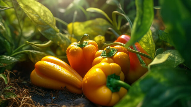 yellow pepper on the vine HD 8K wallpaper Stock Photographic Image