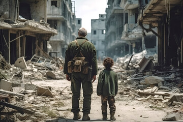 A gray-haired man and a boy walk through the ruins of a destroyed city after the war. Generated AI
