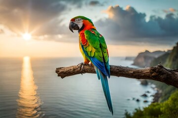 Fototapeta na wymiar two parrots on a branch Generator AI