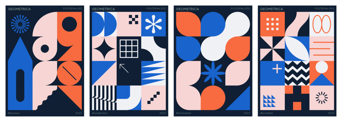 Trendy geometric posters. Abstract and modern backgrounds. Minimalist and colorful patterns influenced by Bauhaus. Flat vector illustrations with primitive shapes for print, cover, card or wall art.