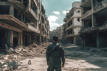 a man in military uniform walks through the ruins of a city destroyed after the war. AI generated