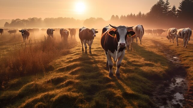 Cows in field during dawn in the morning. Generative ai image