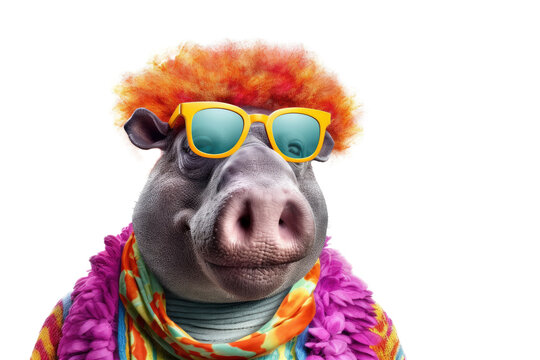 Abstract animal Hippopotamus portrait with colorful Afro hairs wearing sunglasses in Hawaii dress theme isolated on clean png background, with Generative AI.