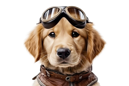 Cute dog Golden retriever with captain pilot costume for flying with airplane isolated on clear png background, funny moment, pet concept, with Generative Ai.