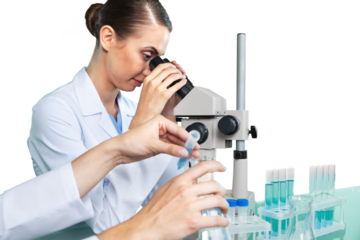 Female Scientist , Researcher , Doctor Using Microscope