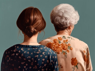 Grandmother and young woman stand together, view from the back and close-up. Generative AI