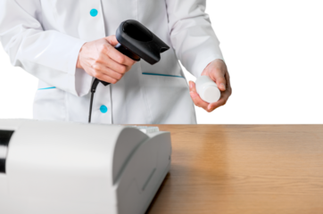 Close-up of Pharmacist Scanning a Pill Bottle