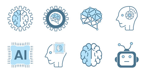 Eight AI icons, symbols. Set of 8 Artificial intelligence lined style, cybernetic, ai, head, technology vector