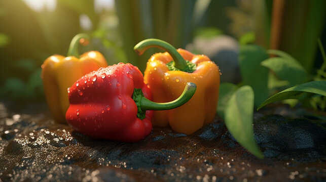 red and yellow peppers on the vine HD 8K wallpaper Stock Photographic Image