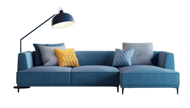 Modern blue sofa with lamp and pillows set of decor items furniture isolated on transparent or white background