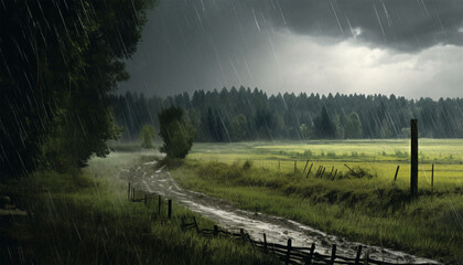 farmland or forest Heavy rain Realistic HD Wallpaper