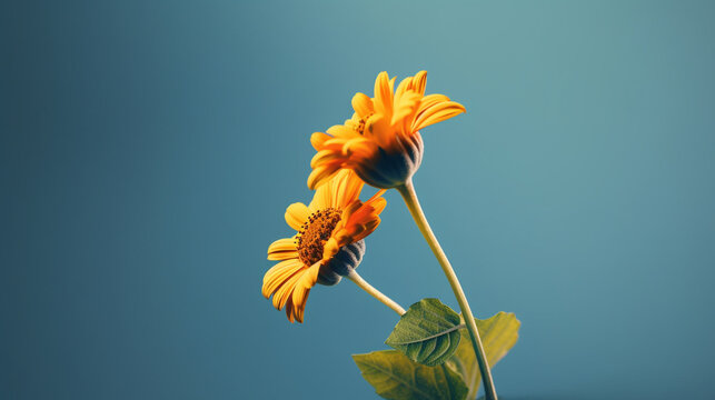 orange flower on blue background HD 8K wallpaper Stock Photographic Image